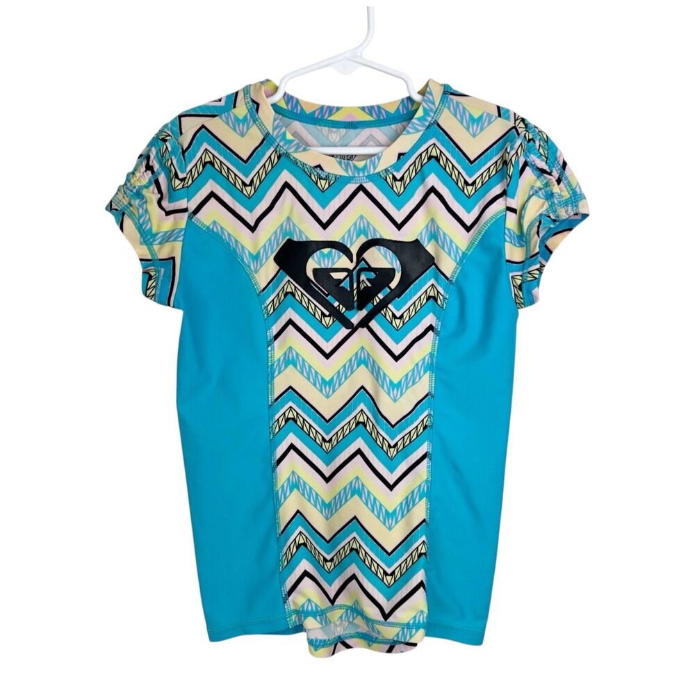 Roxy Rashguard Youth Girls Size 10 Blue Pink Cap Sleeve Swim Beach Surf Top
